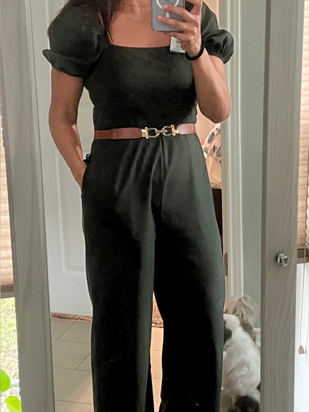 Women's Olive Puff-Sleeve Romper